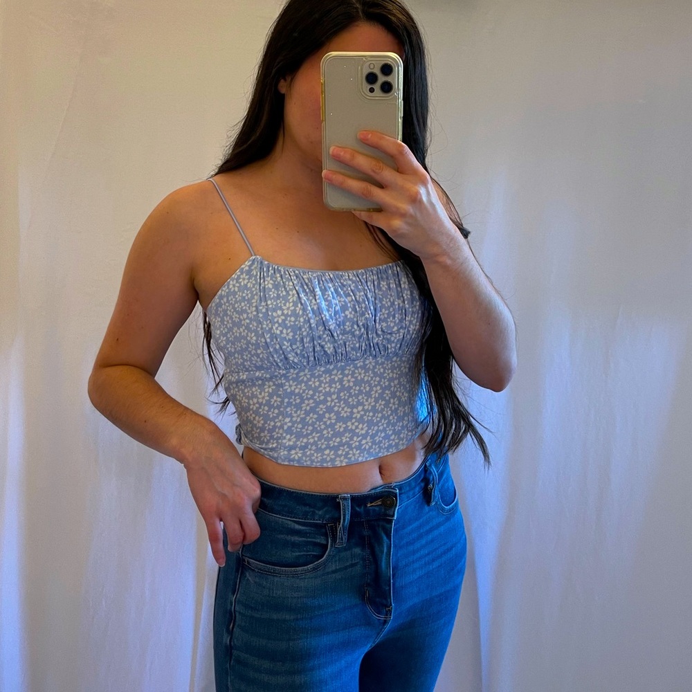 Cropped Floral Ruched Bustier Tank Top